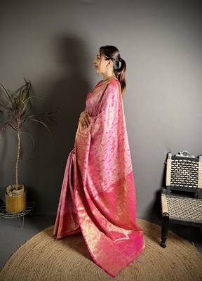 rani kanjeevaram silk blend zari woven saree with unstitched blouse piece. 3
