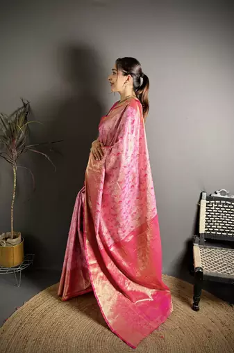 rani kanjeevaram silk blend zari woven saree with unstitched blouse piece.