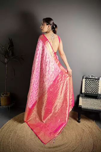 rani kanjeevaram silk blend zari woven saree with unstitched blouse piece.