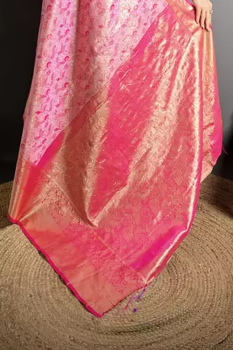 rani kanjeevaram silk blend zari woven saree with unstitched blouse piece.