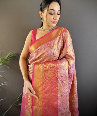 pink silk blend blend zari woven saree with unstitched blouse piece. 1