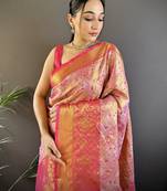 pink silk blend blend zari woven saree with unstitched blouse piece.