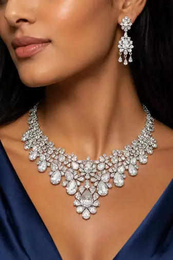 Crystal Bridal Necklace Set, Teardrop Cubic Zirconia Statement