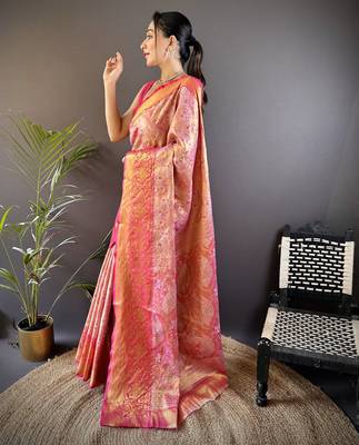 pink silk blend blend zari woven saree with unstitched blouse piece. 3