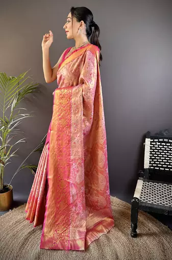 pink silk blend blend zari woven saree with unstitched blouse piece.