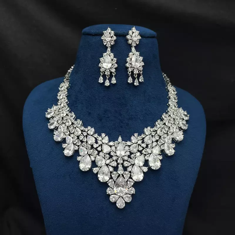 Crystal Bridal Necklace Set, Teardrop Cubic Zirconia Statement