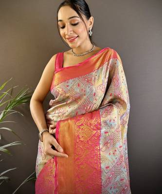 blue silk blend blend zari woven saree with unstitched blouse piece. 1