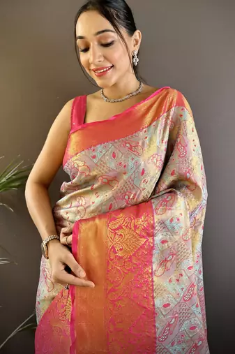 blue silk blend blend zari woven saree with unstitched blouse piece.