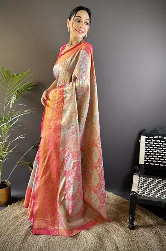 blue silk blend blend zari woven saree with unstitched blouse piece.