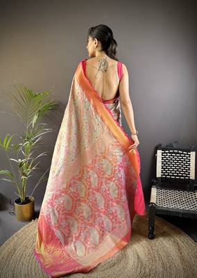 blue silk blend blend zari woven saree with unstitched blouse piece. 4
