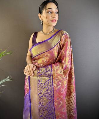 rust silk blend blend zari woven saree with unstitched blouse piece. 1