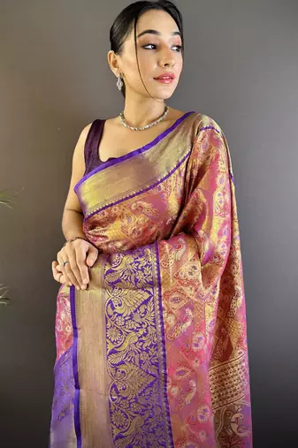 rust silk blend blend zari woven saree with unstitched blouse piece.
