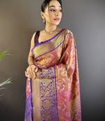 rust silk blend blend zari woven saree with unstitched blouse piece.