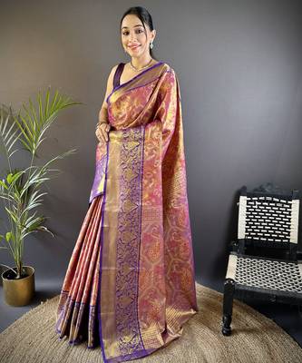 rust silk blend blend zari woven saree with unstitched blouse piece. 2