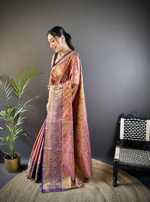rust silk blend blend zari woven saree with unstitched blouse piece. 3