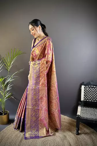 rust silk blend blend zari woven saree with unstitched blouse piece.
