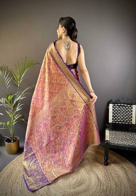 rust silk blend blend zari woven saree with unstitched blouse piece. 4
