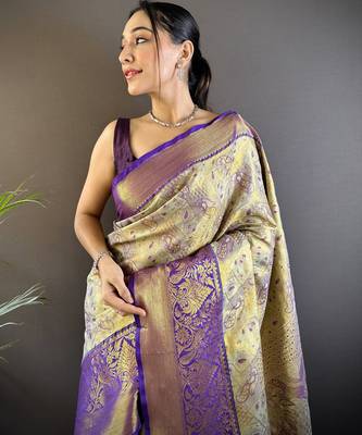 gold silk blend blend zari woven saree with unstitched blouse piece. 1