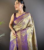 gold silk blend blend zari woven saree with unstitched blouse piece.