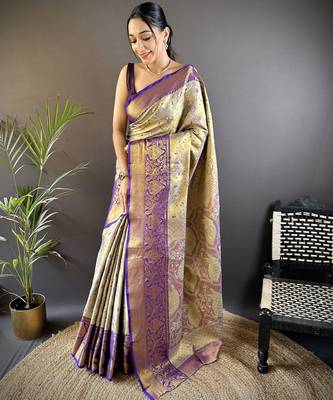 gold silk blend blend zari woven saree with unstitched blouse piece. 2