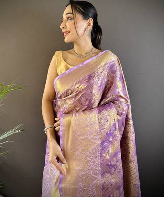 purple silk blend blend zari woven saree with unstitched blouse piece. 1
