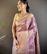 purple silk blend blend zari woven saree with unstitched blouse piece.