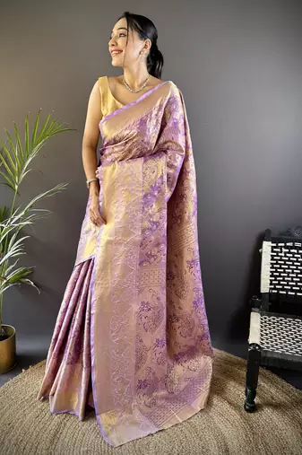 purple silk blend blend zari woven saree with unstitched blouse piece.