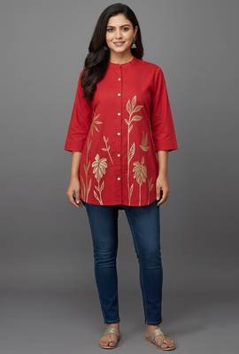 Red golden leaf embroidered short kurti 1