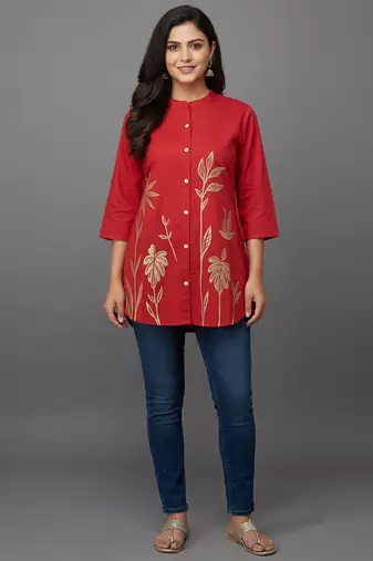 Red golden leaf embroidered short kurti