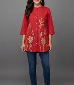 Red golden leaf embroidered short kurti