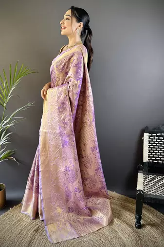 purple silk blend blend zari woven saree with unstitched blouse piece.