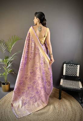 purple silk blend blend zari woven saree with unstitched blouse piece. 4