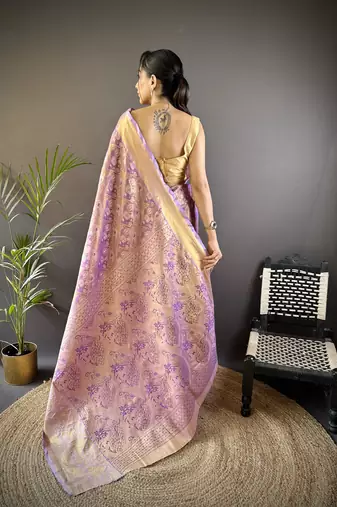 purple silk blend blend zari woven saree with unstitched blouse piece.