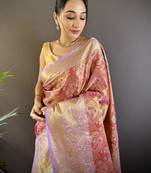 rust silk blend blend zari woven saree with unstitched blouse piece.