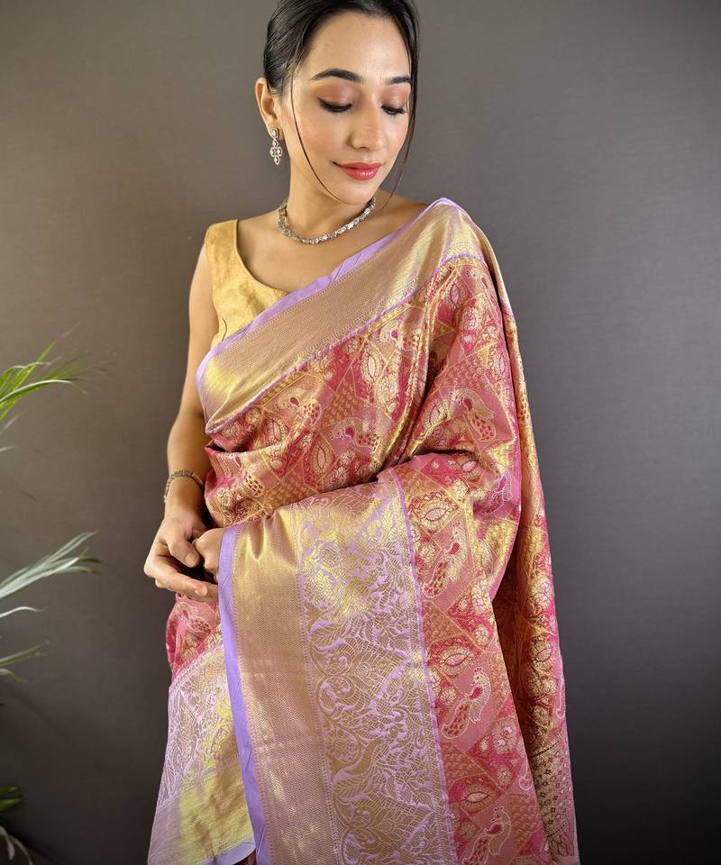 rust silk blend blend zari woven saree with unstitched blouse piece.