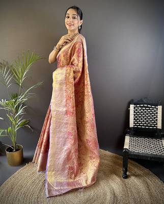 rust silk blend blend zari woven saree with unstitched blouse piece. 3