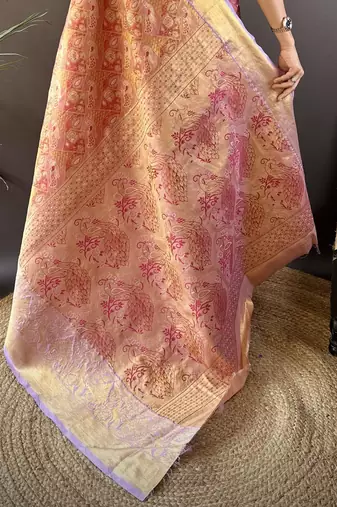 rust silk blend blend zari woven saree with unstitched blouse piece.