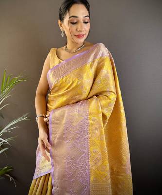 yellow silk blend blend zari woven saree with unstitched blouse piece. 1