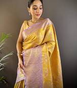 yellow silk blend blend zari woven saree with unstitched blouse piece.