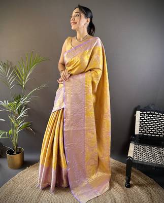 yellow silk blend blend zari woven saree with unstitched blouse piece. 2