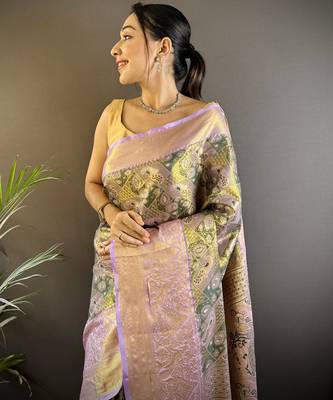 olive silk blend blend zari woven saree with unstitched blouse piece. 1