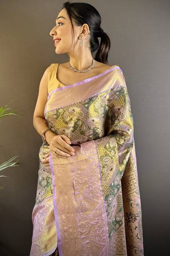 olive silk blend blend zari woven saree with unstitched blouse piece.