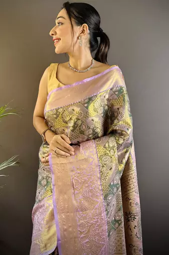 olive silk blend blend zari woven saree with unstitched blouse piece.