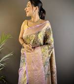 olive silk blend blend zari woven saree with unstitched blouse piece.