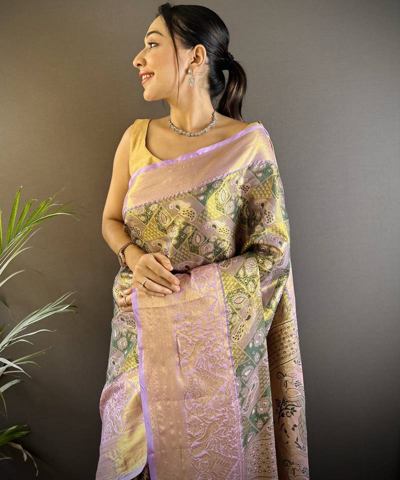 olive silk blend blend zari woven saree with unstitched blouse piece.