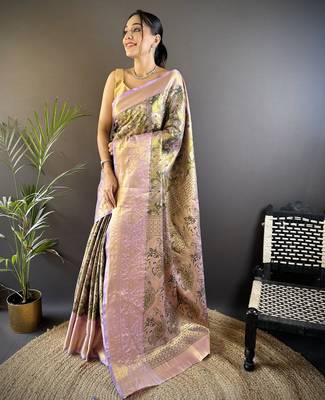 olive silk blend blend zari woven saree with unstitched blouse piece. 2