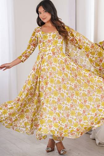 Yellow printed georgette anarkali kurti