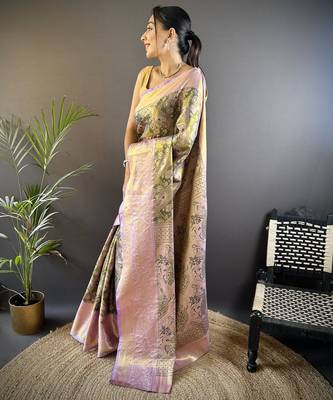olive silk blend blend zari woven saree with unstitched blouse piece. 3