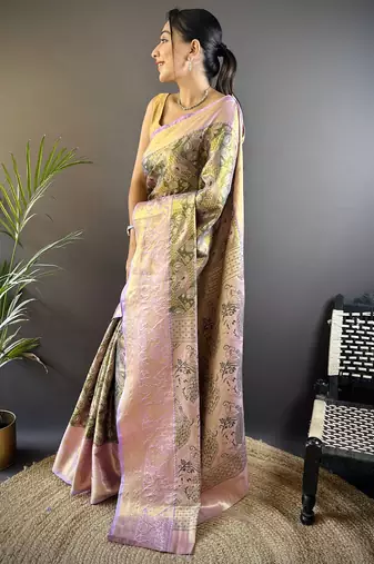 olive silk blend blend zari woven saree with unstitched blouse piece.
