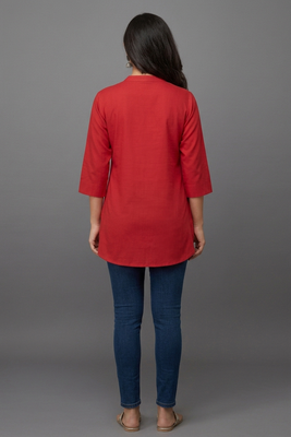 Red golden leaf embroidered short kurti 2